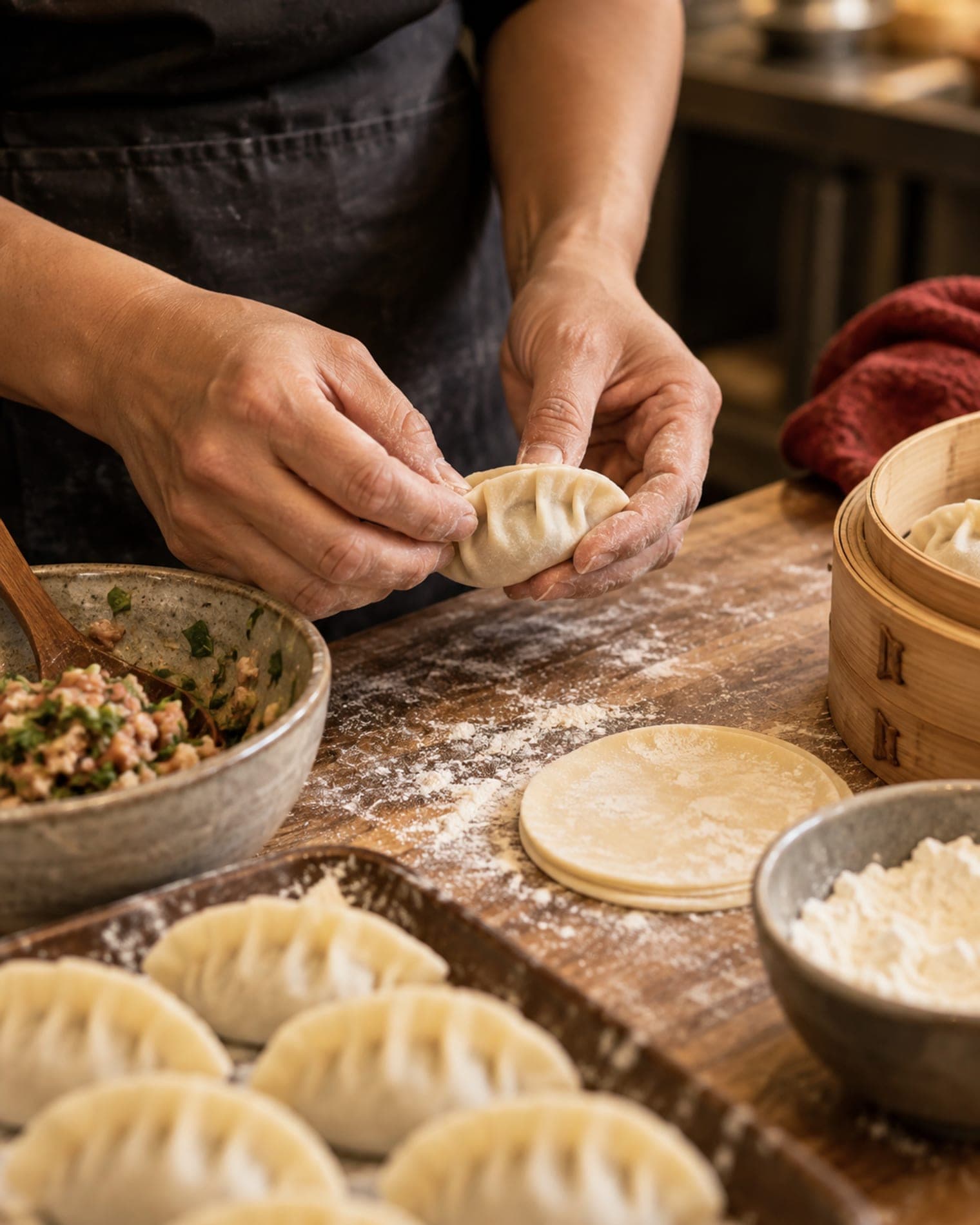 Dumplings viks för hand i köket på Pin Pin Dumpling